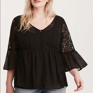 Lace Inset Bell Sleeve Babydoll Top